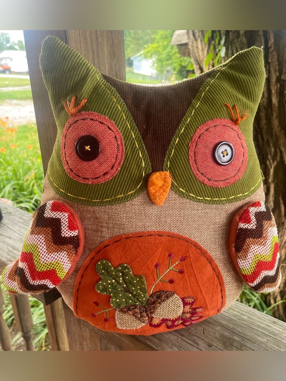 Green and Orange Owl Accent Pillow  or Shelf Sitter - Charming Fall Decor